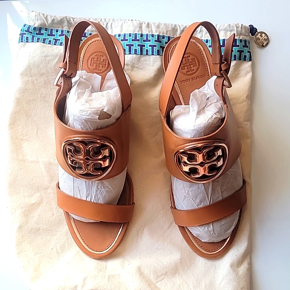 Tory Burch Miller Gold Metal 65mm Wedge Sandal Tan Rose Brown Size 8.5 Medium